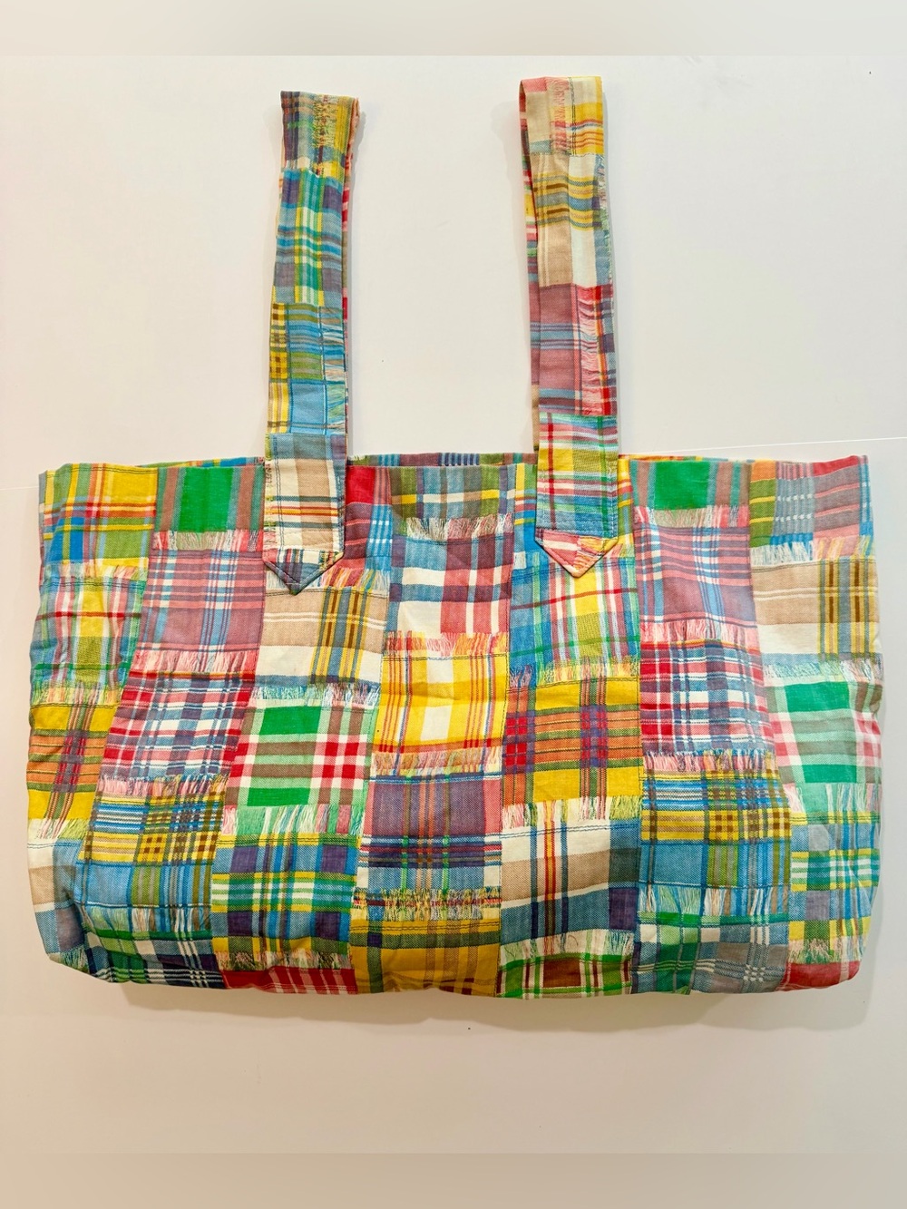 Vintage Madras Patchwork Print Tote Bag Preppy Coastal Beach Carryall
